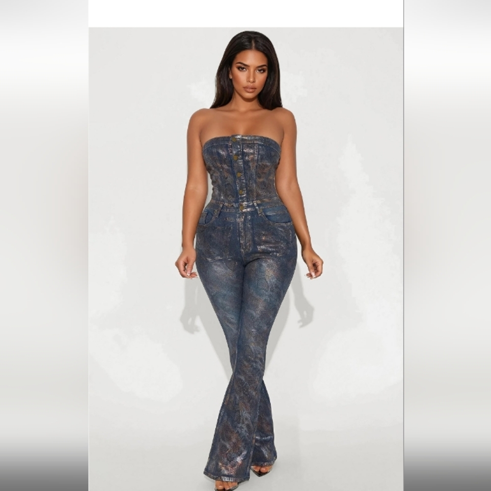 Brand New Metallic Jumpsuit Strapless Denim Jumpsuit